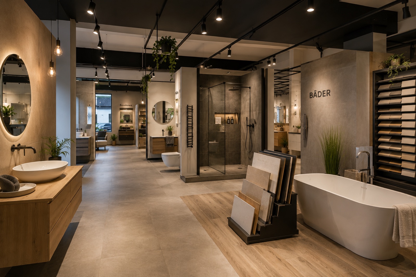 Bad-Ausstellung von Spezi mit Fliesenmustern, begehbarer Dusche und freistehender Wanne