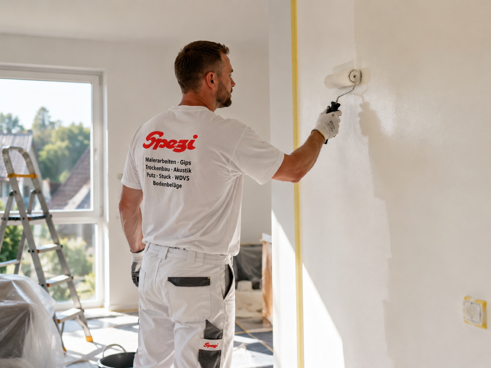 Spezi-Maler streicht eine Wand mit frischer weißer Wandfarbe, sauber abgeklebt